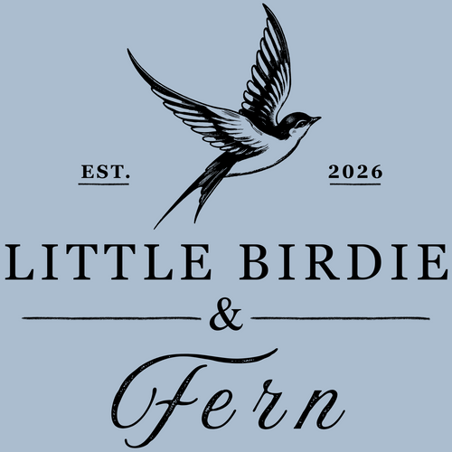 A square graphic design featuring a black line art illustration of a flying bird above the text 'LITTLE BIRDIE & Fern' and 'EST. 2026' on a solid light blue background.